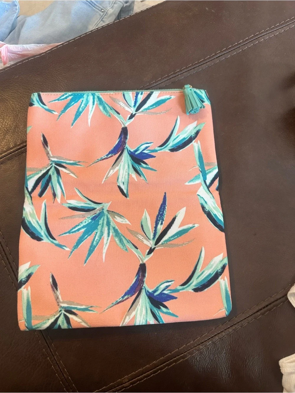Rachel Pally Turquoise Zip Cosmetic Pouch with Coral Trim